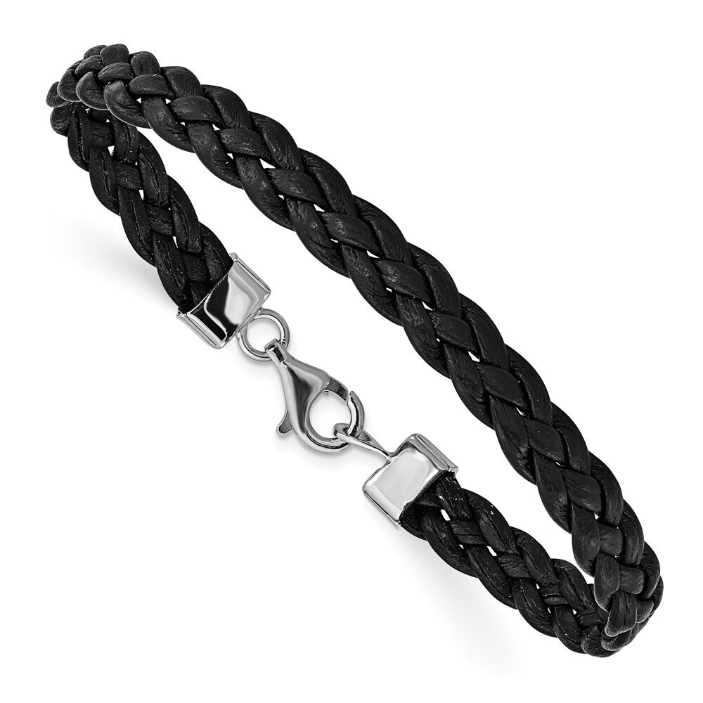 Kazi Luxury Sterling Silver Rhodium-plated Black Braided Leather Bracelet